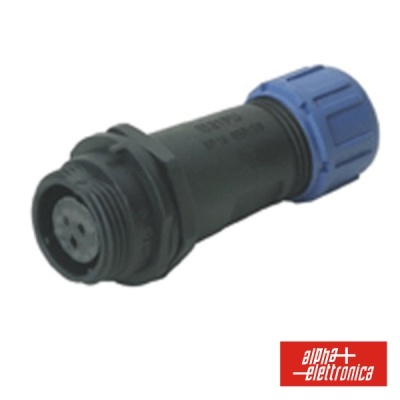 Conector elétrico preto com tampa azul e logótipo alfa elettronica