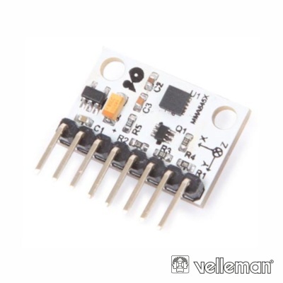 Placa eletrónica pequena branca com componentes e pinos metálicos