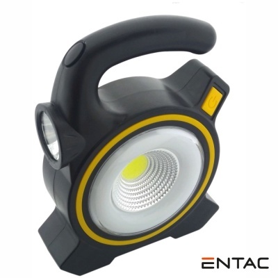 Lanterna preta e amarela portátil com alça e lente circular, com logo ENTAC