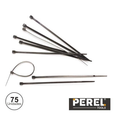 Conjunto de 75 abraçadeiras de nylon pretas com logótipo PEREL TOOLS