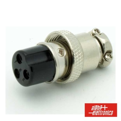 Conector circular metálico com três orifícios e logotipo alpha elettronica