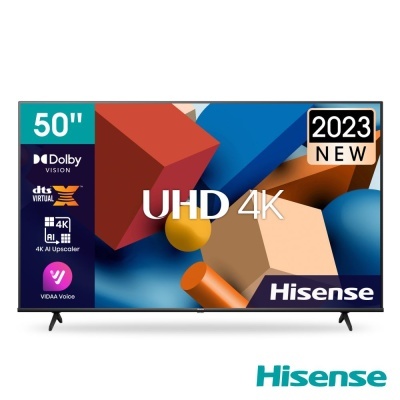 Televisor Hisense UHD 4K de 50 polegadas com etiquetas na parte frontal