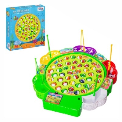 Jogo de tabuleiro de pesca com peixes coloridos e varas numa caixa azul etiquetada