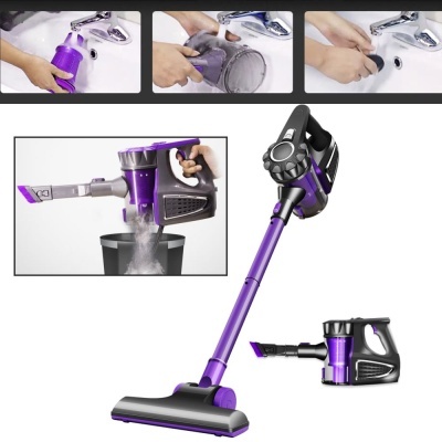 aspirador vertical roxo e preto com acessórios e limpeza do filtro