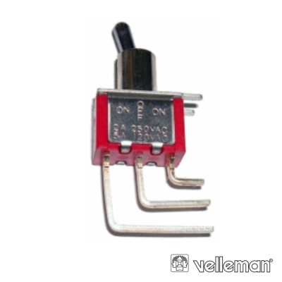 Interruptor de alavanca vermelho e preto com terminais metálicos em fundo branco