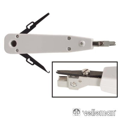 Ferramenta branca para crimpar terminais com detalhes metálicos e duas presilhas pretas