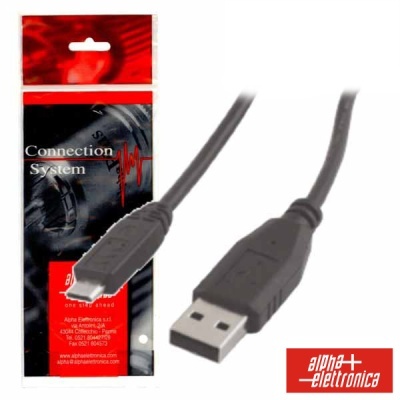 Cabo USB preto com conector tipo A e embalagem da Alpha Elettronica