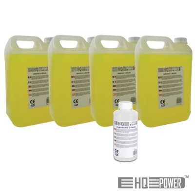 Quatro garrafões amarelos e uma garrafa branca com rótulos HQ POWER