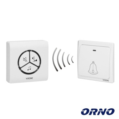 Campainha sem fio branca Virone com botão e receptor, símbolos de som e silêncio, logotipos Virone e ORNO