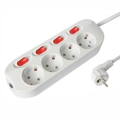 Régua elétrica branca com quatro tomadas e interruptores vermelhos