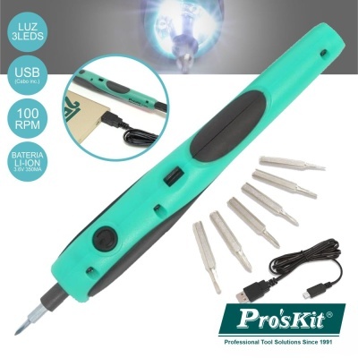 Caneta elétrica perfuradora azul e preta Pro'sKit com acessórios e texto informativo