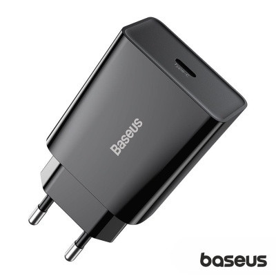 Carregador de parede Baseus preto com plugue europeu e porta USB-C