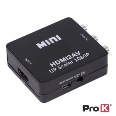 Conversor Mini HDMI para AV preto com texto branco e marca ProK