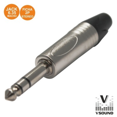 Ficha de áudio jack 6,35 mm macho em metal e plástico preto com descrição em círculos laranjas