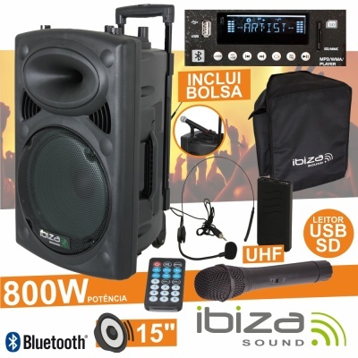 Sistema de som portátil Ibiza Sound preto com microfone e bolsa