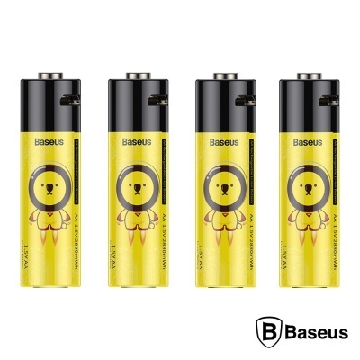 Quatro pilhas AA Baseus amarelas com urso, topo preto e logotipo Baseus