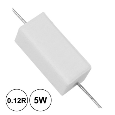 Resistor de potência branco rectangular com terminais metálicos e etiquetas '0.12R' e '5W'