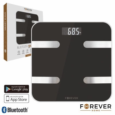 Balança digital preta com visor LCD e sensores metálicos