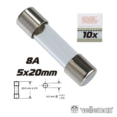 Fusível cilíndrico de vidro 8A 5x20mm em embalagem com 10 unidades