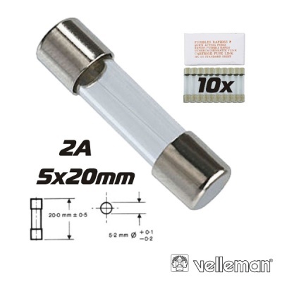 Fusível cilíndrico de vidro com tampas metálicas 2A 5x20mm, embalagem 10 unidades Velleman