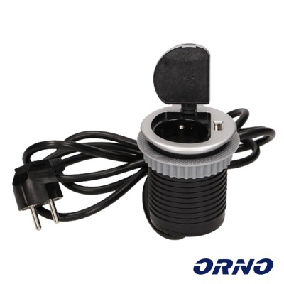 Tomada elétrica embutida preta com cabo e tampa aberta