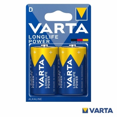 Pack de duas pilhas alcalinas VARTA tipo D na embalagem azul e amarelo com textos