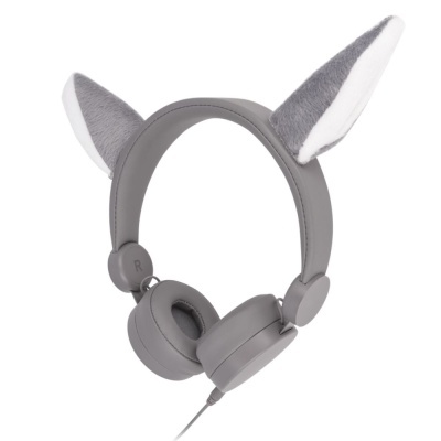 Auriculares cinzentos com orelhas decorativas de pelúcia cinzentas e brancas