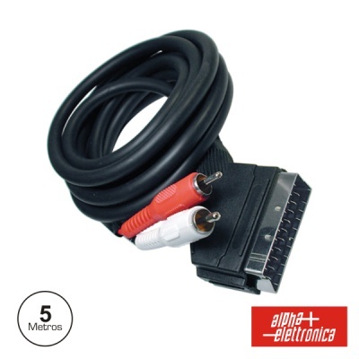 Cabo de áudio e vídeo preto com conectores RCA vermelho e branco e ficha SCART preta