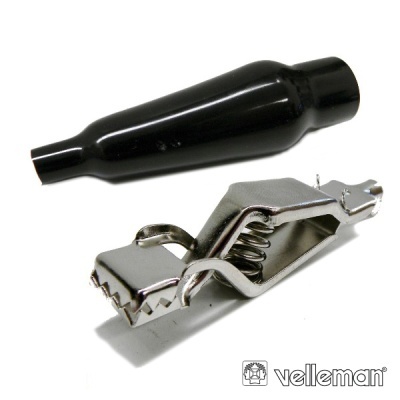 Conector de jacaré metálico com capa isolante preta e logotipo Velleman