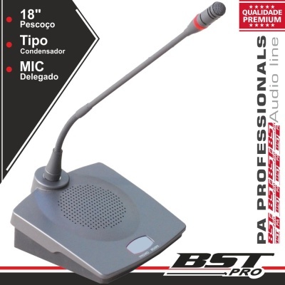 Microfone de mesa cinza com pescoço de ganso e base quadrada