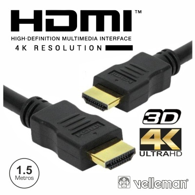 Cabo HDMI preto com conectores dourados e texto sobre resolução 4K e 3D