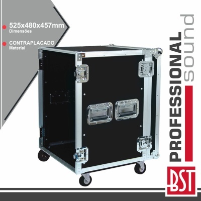 Caixa de transporte profissional preta com reforço metálico, fechos e rodas