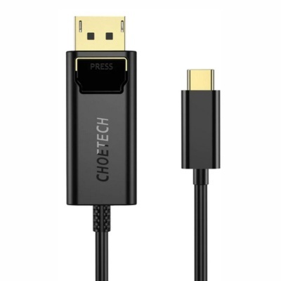 Cabo preto USB-C para DisplayPort com botão 'PRESS' no conector maior