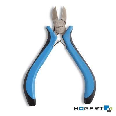Alicate de corte azul e preto com lâminas de metal e mola central