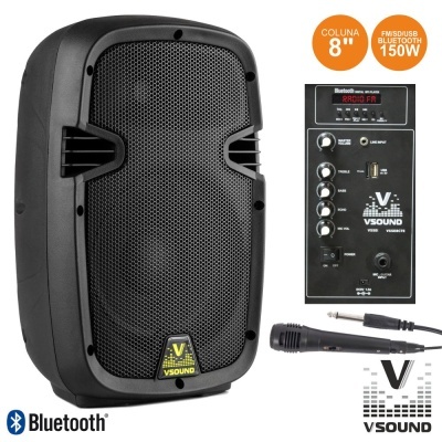 Coluna de som preta VSound com altifalante de 8 polegadas e microfone