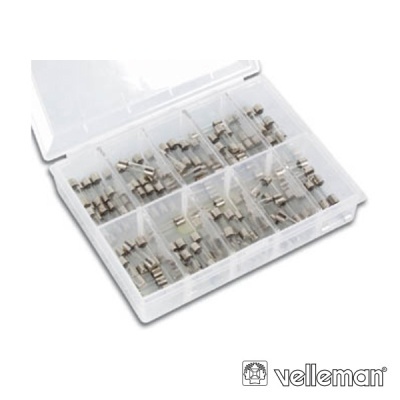 Caixa transparente com fusíveis cilíndricos metálicos em compartimentos.