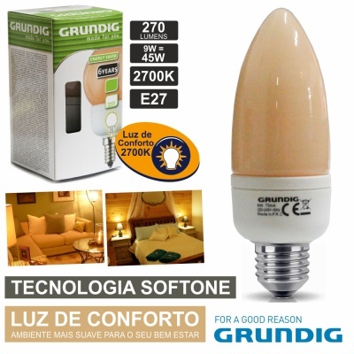 Lâmpada LED Grundig S14 2700K E27 com embalagem verde e branca e imagens de quarto iluminado