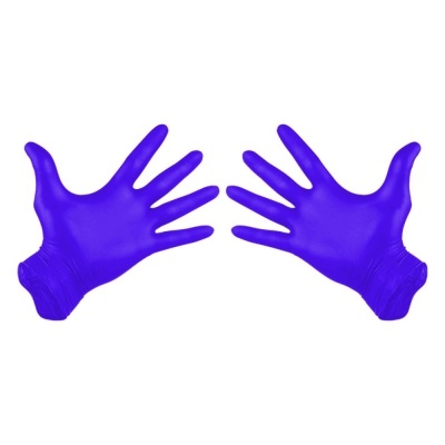 Par de luvas descartáveis roxas em fundo branco