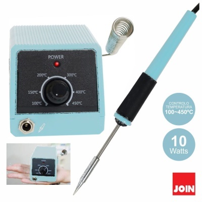 Estação de solda azul com controlo de temperatura e suporte metálico