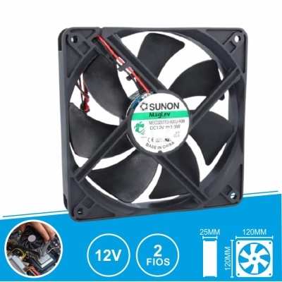 Ventoinha quadrada preta com 7 pás e etiqueta central com texto e medidas indicadas