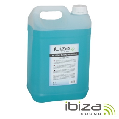 Garrafa azul translúcida com líquido e rótulo ibiza smoke fluid 5L