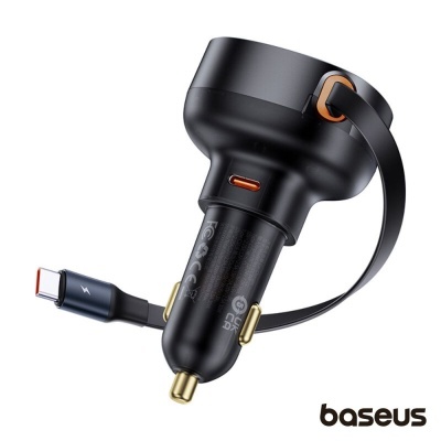Carregador automóvel preto Baseus com cabo USB-C e detalhes dourados