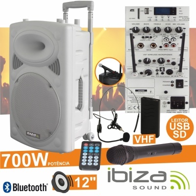 Coluna portátil Ibiza Sound branca com microfone e comando