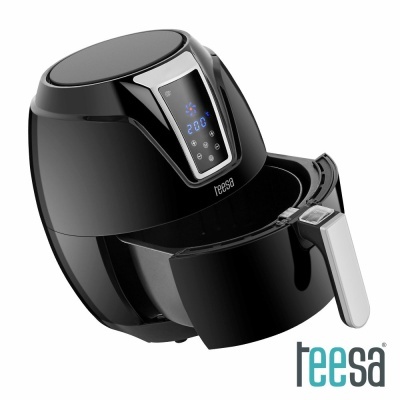 Fritadeira elétrica teesa preta com visor digital e cesto aberto