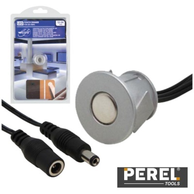 Sensor LED táctil prateado com cabo preto e embalagem com instruções e marca PEREL TOOLS
