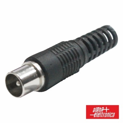 Conector coaxial macho preto com metal prateado e logótipo alpha elettronica