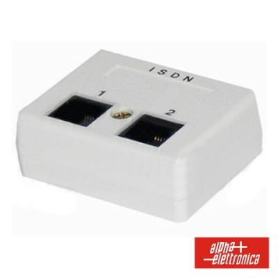 Adaptador ISDN branco com dois conectores numerados e logótipo alpha elettronica