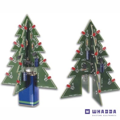 Suporte em forma de árvores de Natal com circuitos eletrónicos e leds vermelhos, ligado a pilha azul.