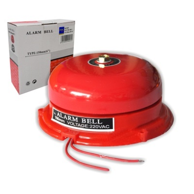 Campainha de alarme vermelha com etiqueta e dois fios expostos junto à caixa branca e vermelha