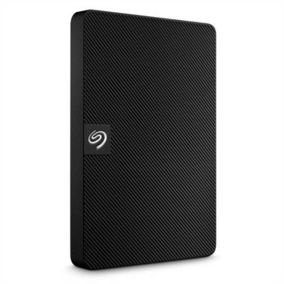 Disco rígido externo portátil preto com textura diagonal e logótipo Seagate